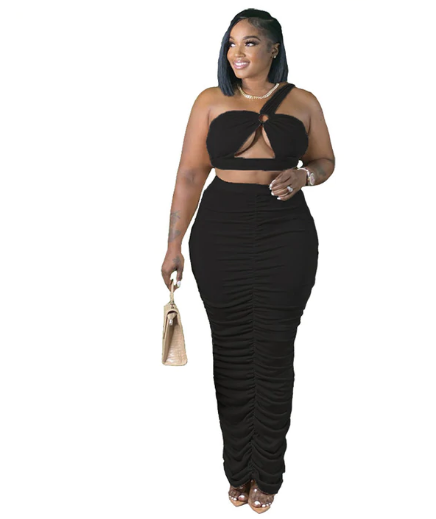 Color pleated hollow skirt two-piece