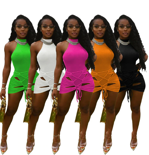 lace up pleated skirt two-piece