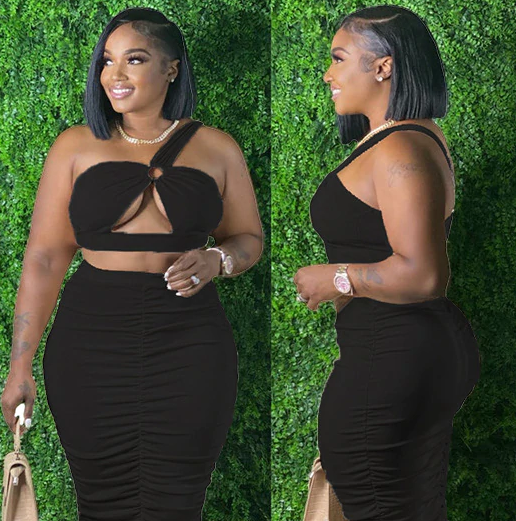 Color pleated hollow skirt two-piece