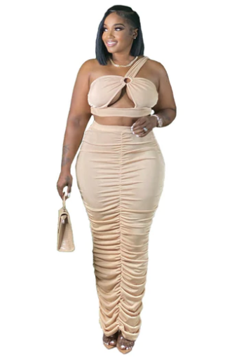 Color pleated hollow skirt two-piece