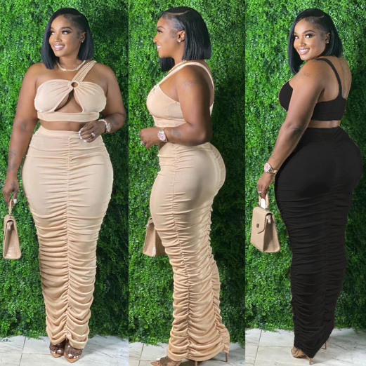 Color pleated hollow skirt two-piece